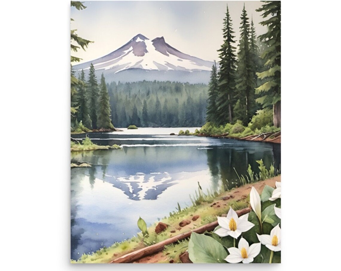 Trillium Lake Watercolor Art Print, Mt Hood Oregon