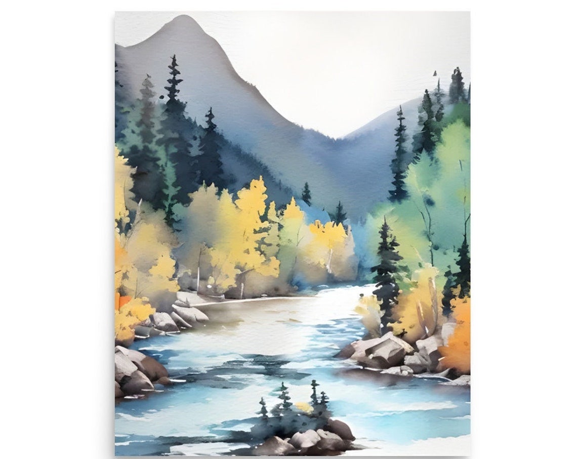 Autumn River Valley With Golden Aspens And Pine Trees Watercolor Print
