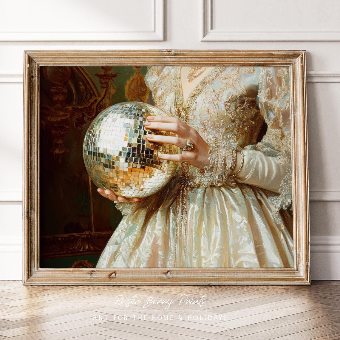 Baroque Gold Gown Lady With Disco Ball Vintage Painting Print