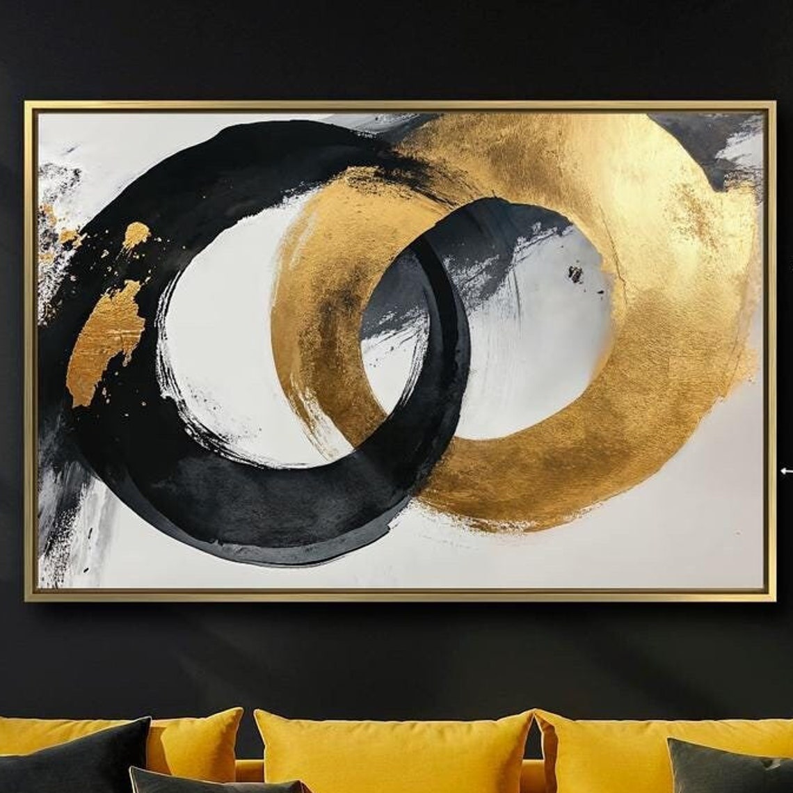 Black Gold Interlocking Circles Abstract Brushstroke Wall Art
