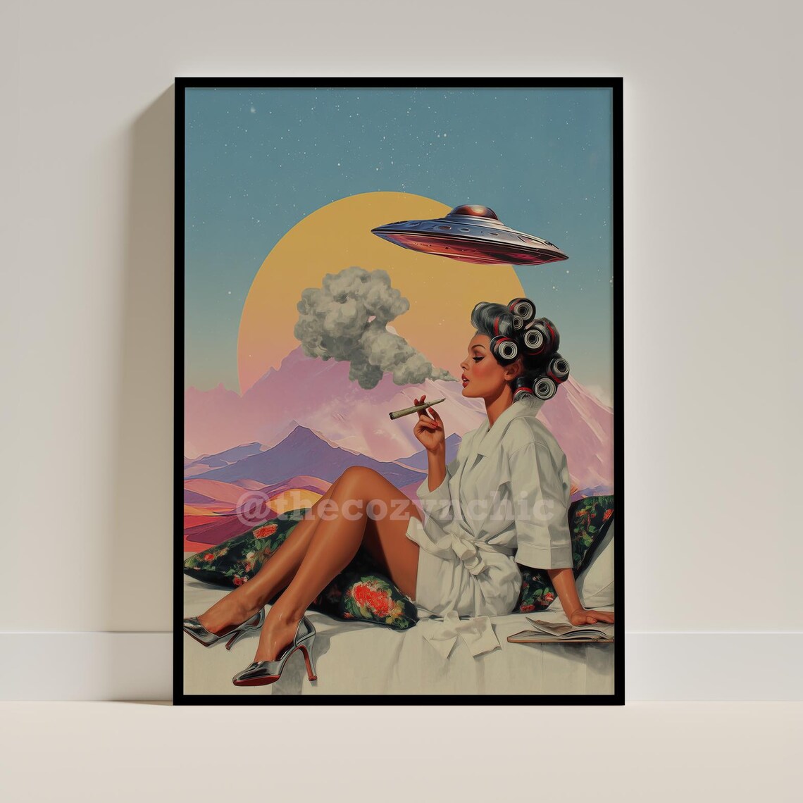 Retro Pin Up Woman Watching UFO Over Pink Desert Mountains Poster
