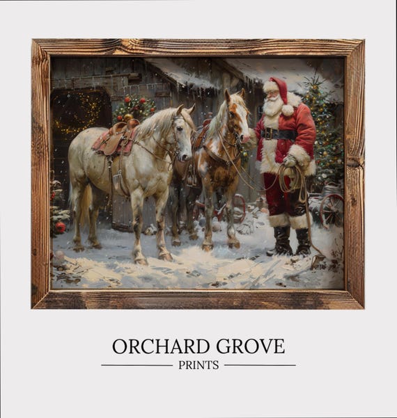 Santa Farm Print Santa Horse Horse Christmas Art Cute Horse Festive Animal Wall Art Holiday Farmhouse Decor 177