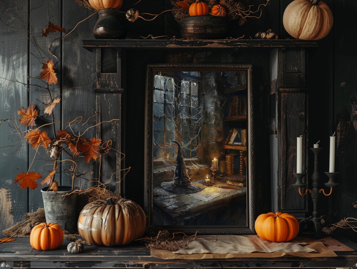 Witch Hat Candlelit Desk Cobweb Window Spooky Halloween Oil Painting Poster - Image 4