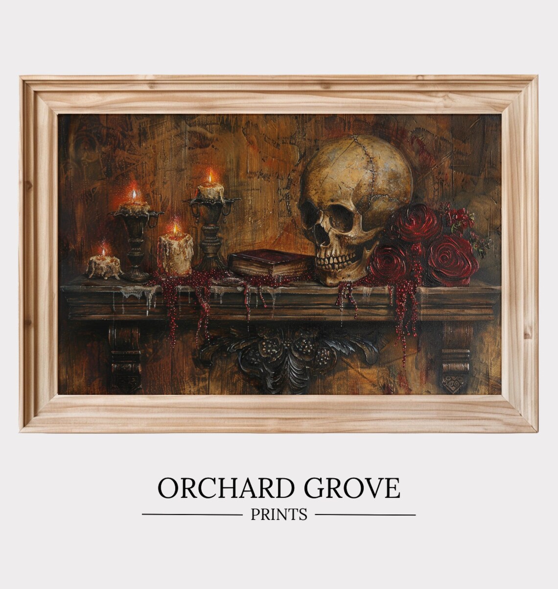 Gothic Skull Candlelit Mantel Dark Roses Memento Mori Moody Halloween Wall Art - Image 3