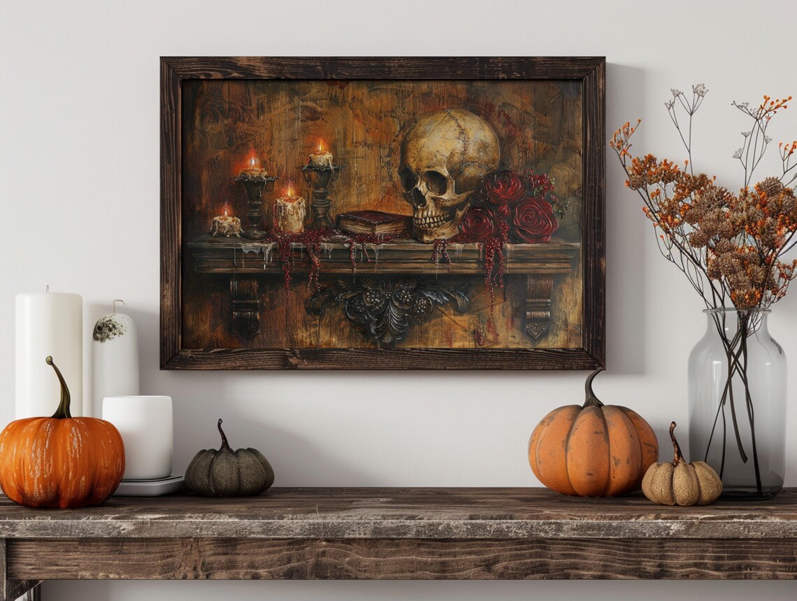 Gothic Skull Candlelit Mantel Dark Roses Memento Mori Moody Halloween Wall Art - Image 2