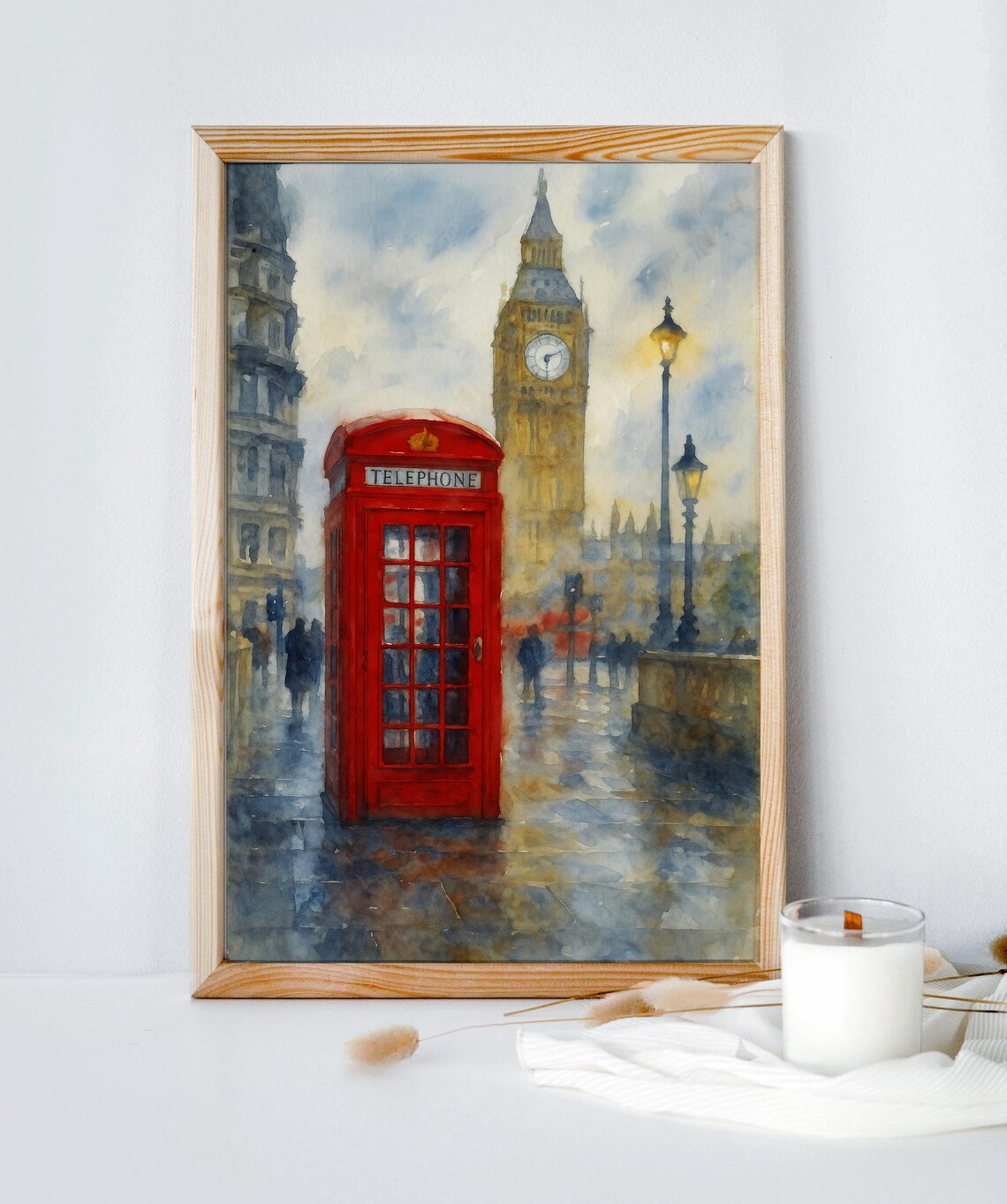 London Red Phone Booth Big Ben Watercolor Rainy Westminster Poster
