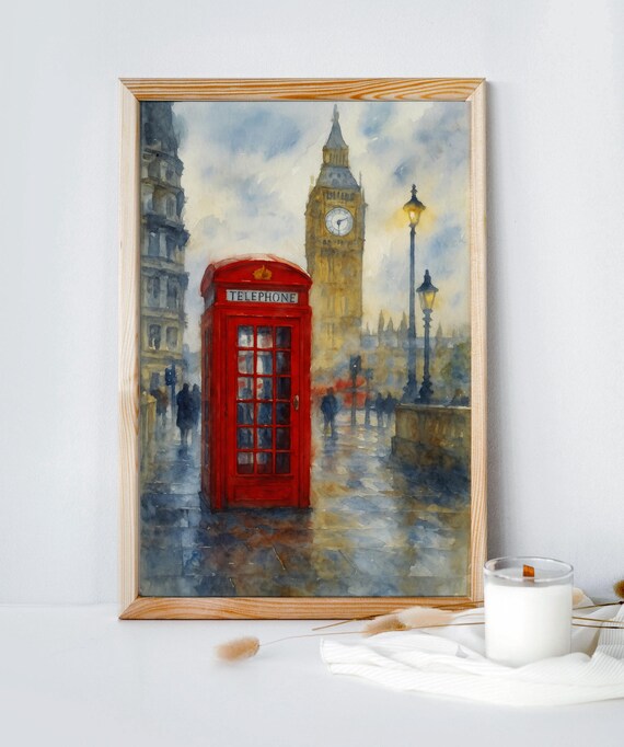 London Phone Booth Big Ben Watercolor Iconic Uk Cityscape Wall Art