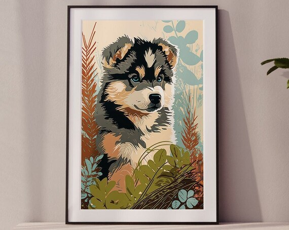Husky Puppy Poster Blue Eyed Fluffy Pup Among Plants Cute Pet Decor