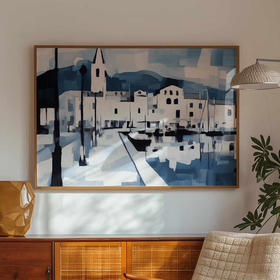 Black And White Coastal Town, Minimalist Harbor Art Print