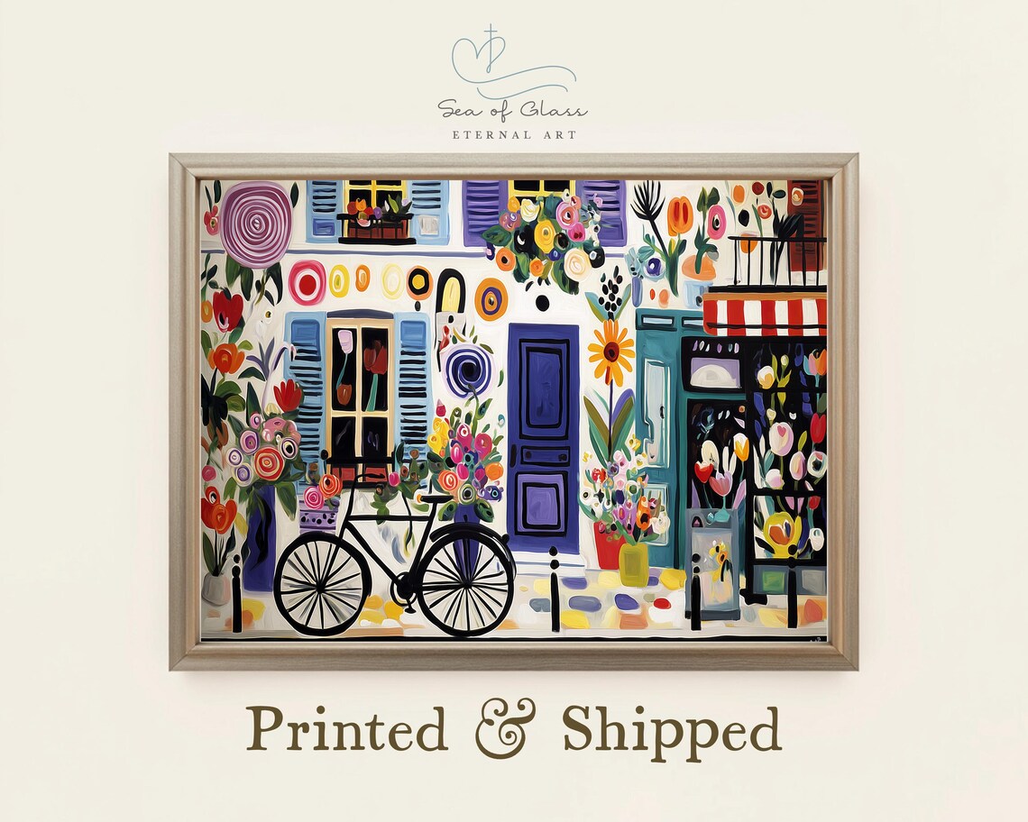 Whimsical Paris Flower Shop Bicycle Colorful French Street Wall Art