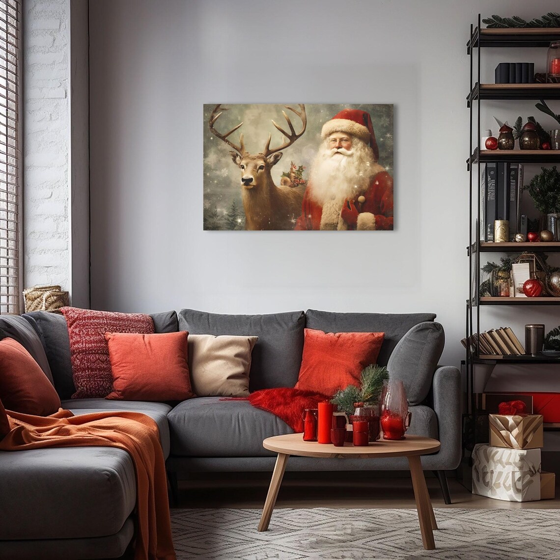 Vintage Santa Claus and Reindeer Christmas Portrait Scene Poster - Image 3