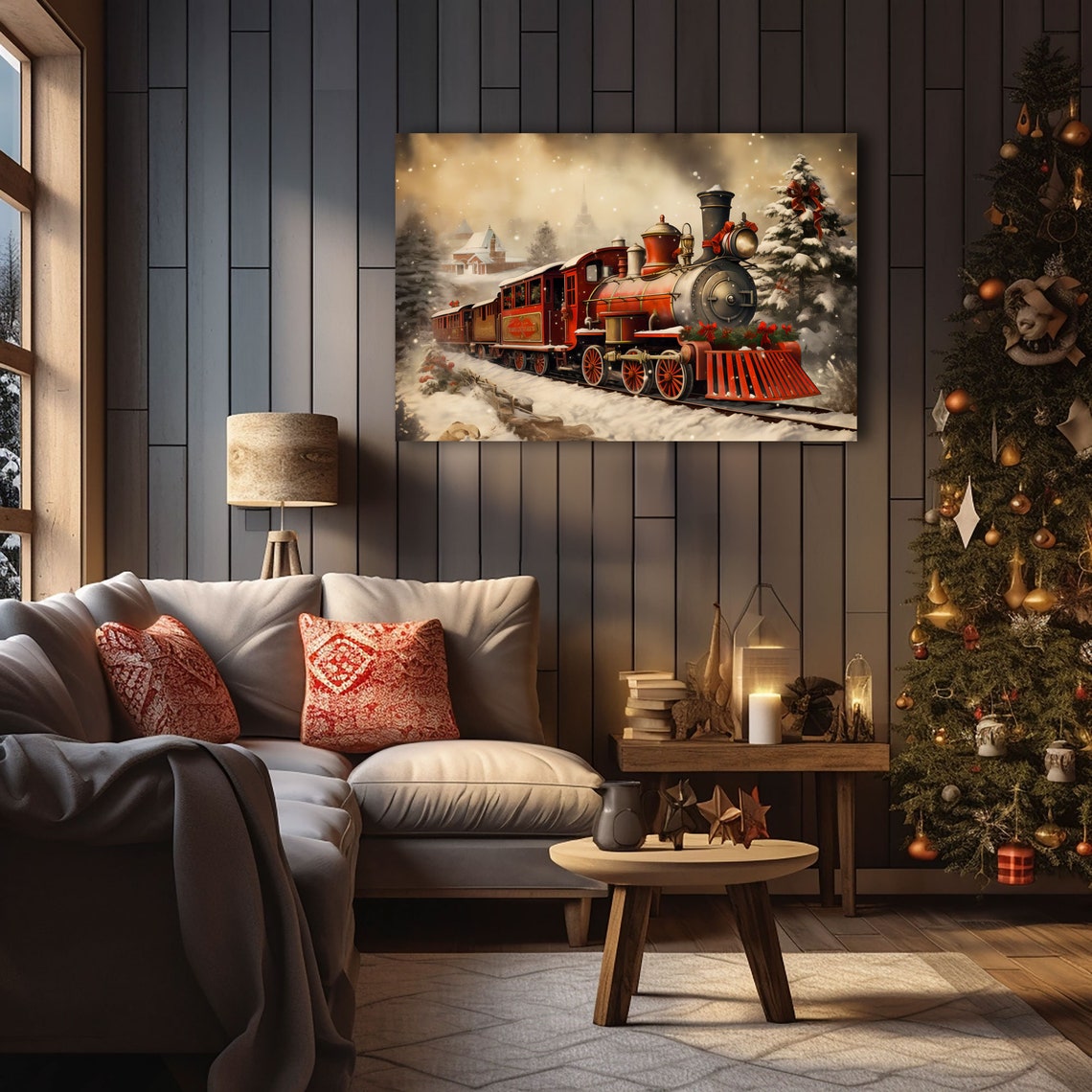 Vintage Red Christmas Steam Train in Snowy Night Landscape Poster - Image 3