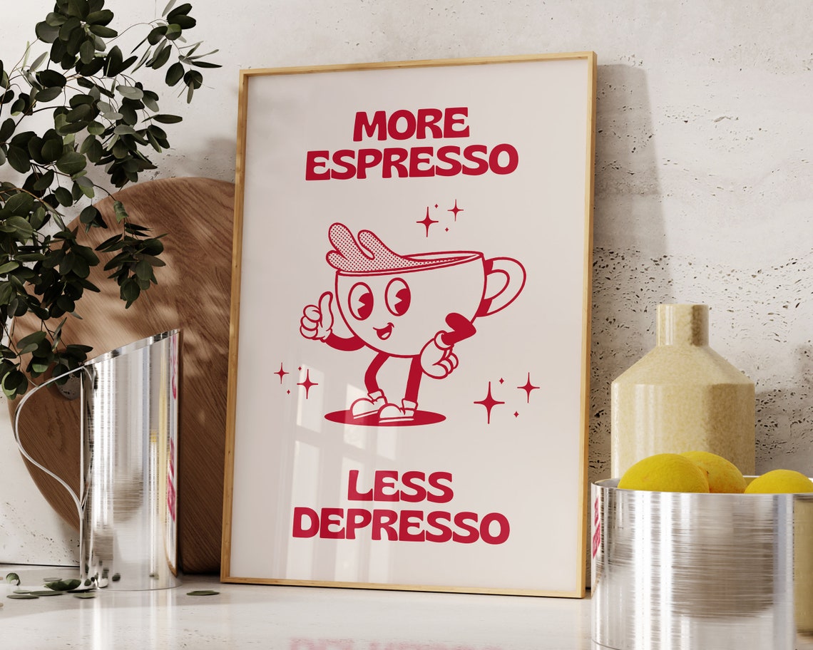 More Espresso Less Depresso Retro Coffee Mascot Kitchen Poster - Image 3