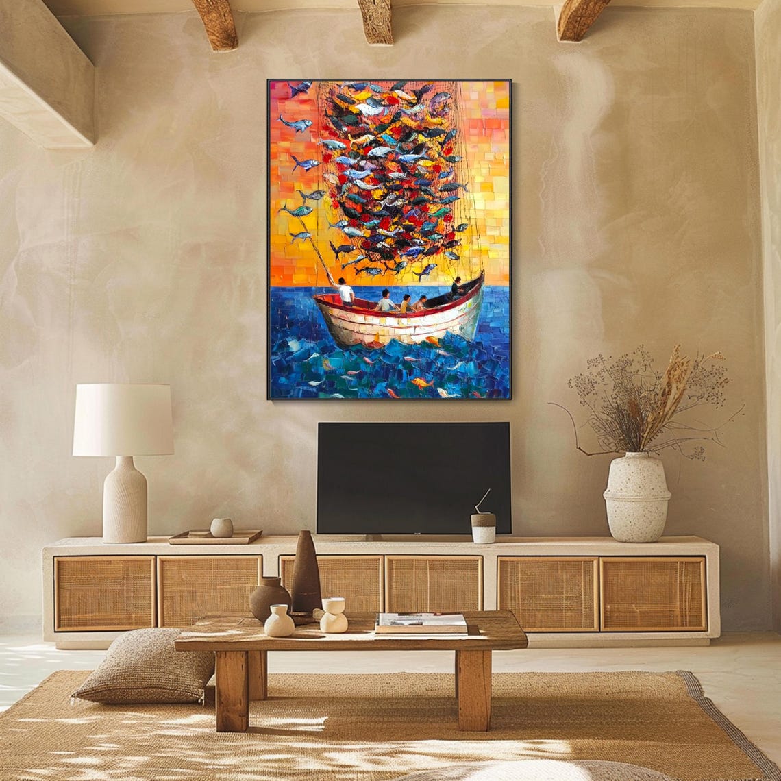 Fishermen Boat Full Net Colorful Fish Sunset Sea Nautical Wall Art - Image 2