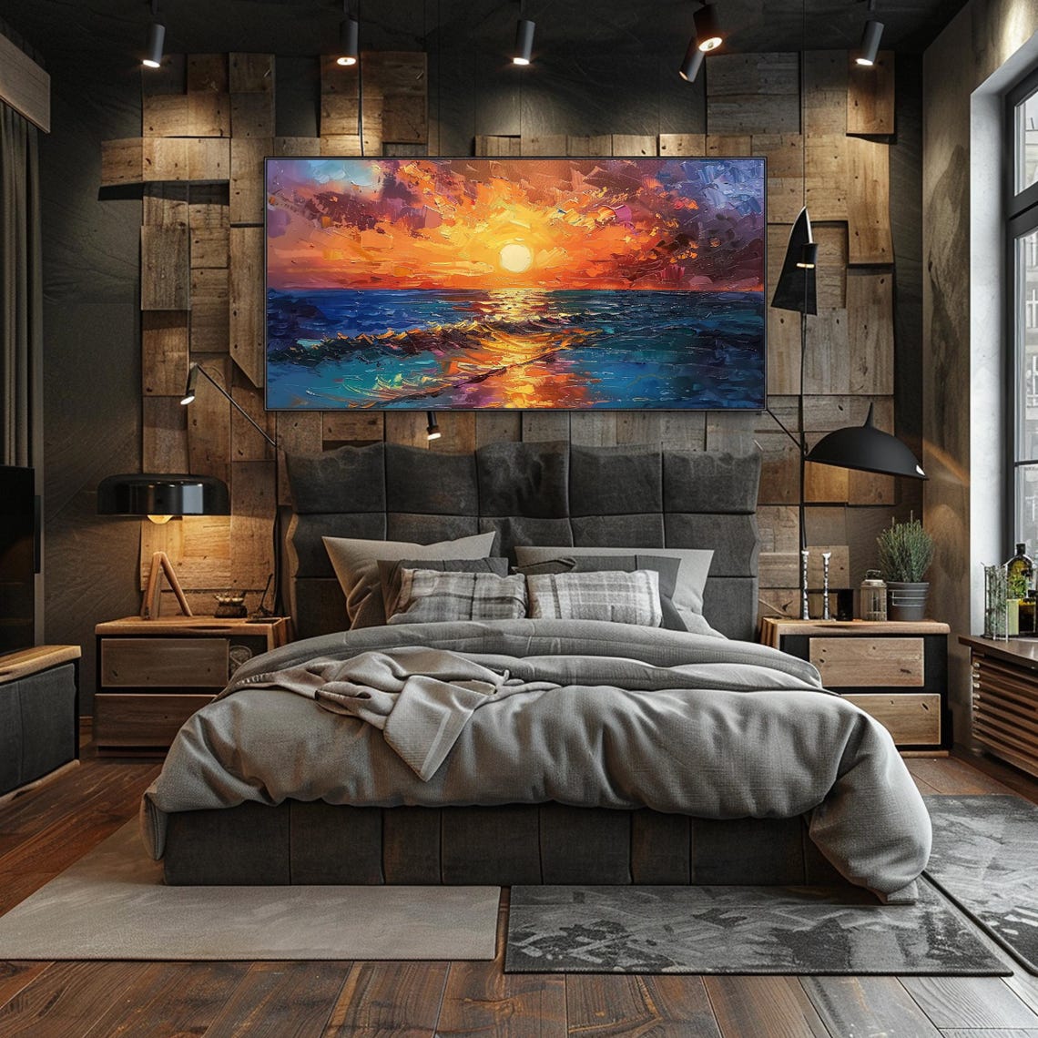 Glowing Sunset Ocean Waves Teal Sea Sailboats Impasto Art Poster - Image 2