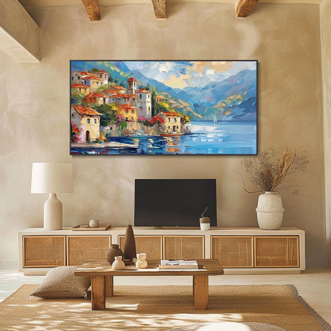 Italian Lakeside Village Red Roofs Harbor Sailboat Art Poster - Image 2