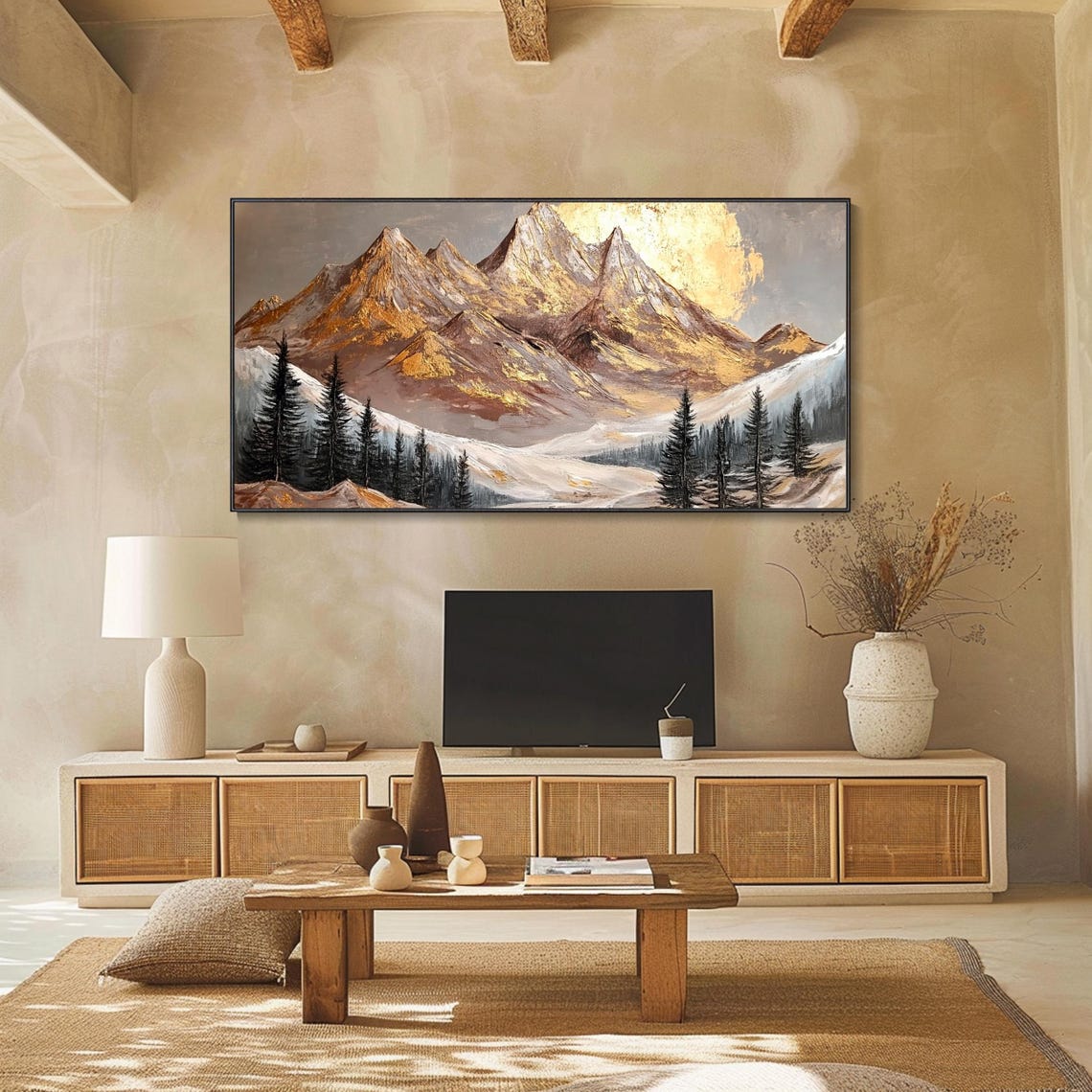 Golden Snow Mountain Peaks Warm Sunset Alpine Pines Landscape Poster - Image 2