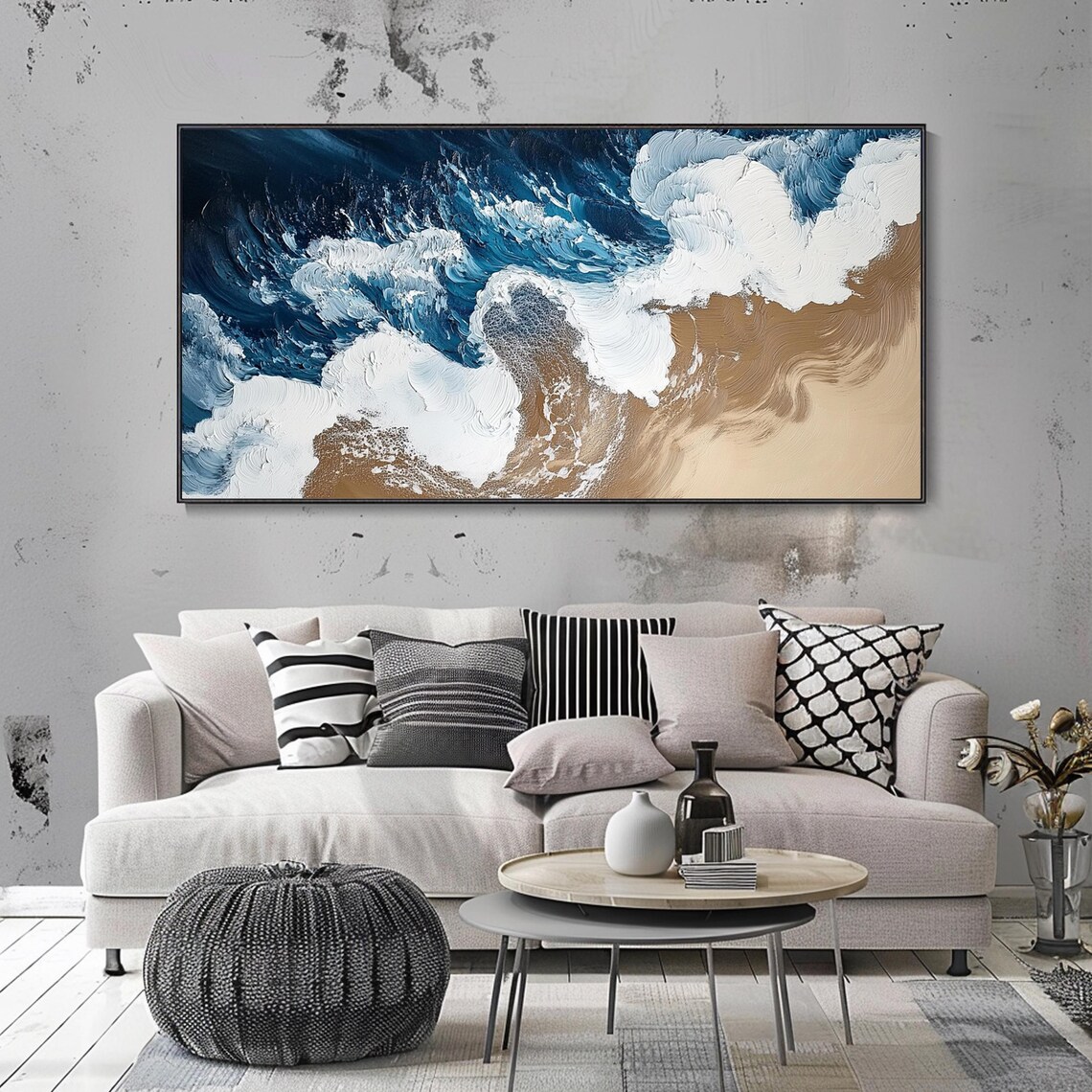 Aerial Ocean Waves Crashing Golden Sand Textured Impasto Seascape Poster - Image 2
