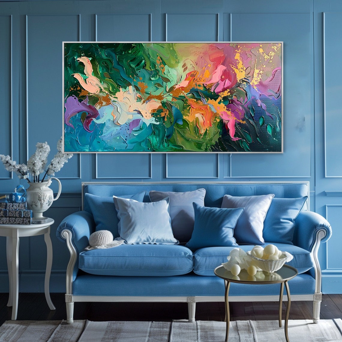 Vibrant Emerald Pink Purple Gold Fluid Abstract Modern Decor Poster - Image 2