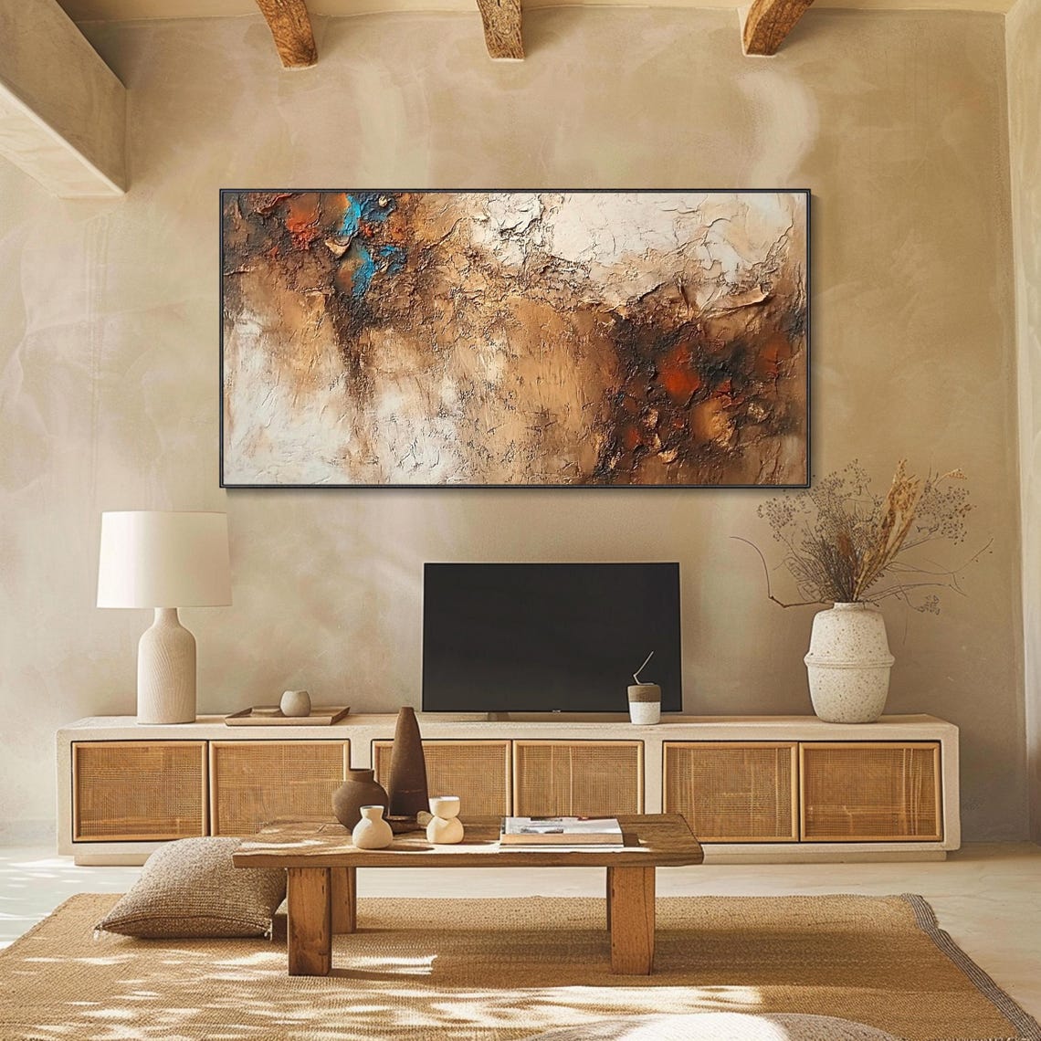 Earthy Gold Brown Abstract Impasto Texture Turquoise Accent Wall Art - Image 2