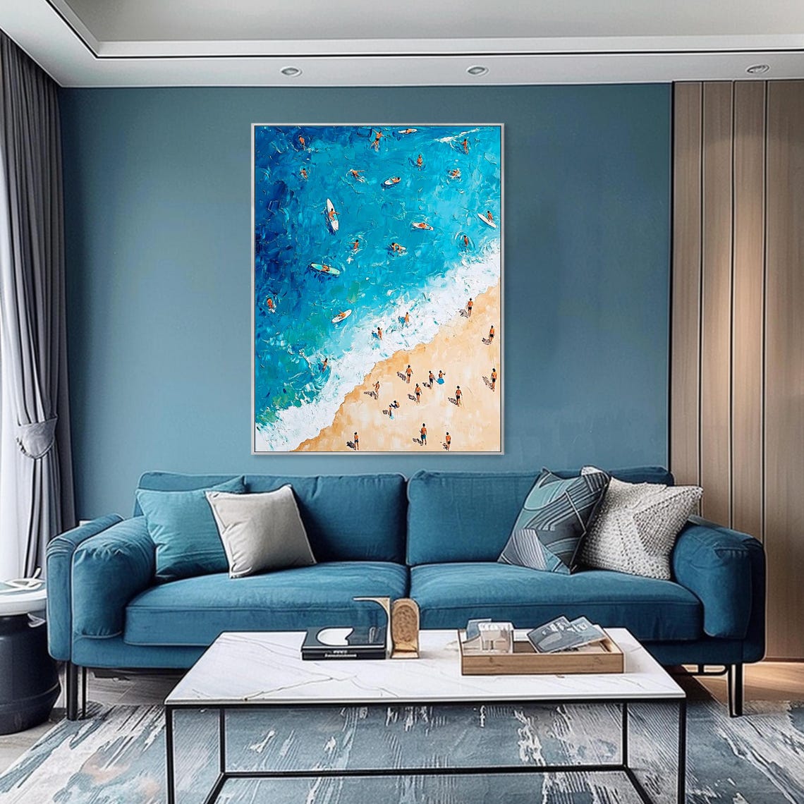 Aerial Beach Crowd Turquoise Water Swimmers Surfers Impasto Wall Art - Image 2