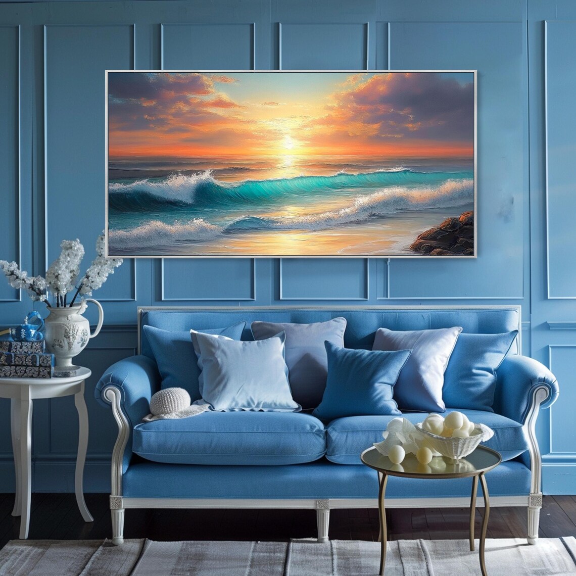 Turquoise Ocean Wave Sunset Golden Sky Rocky Shore Surf Travel Poster - Image 2