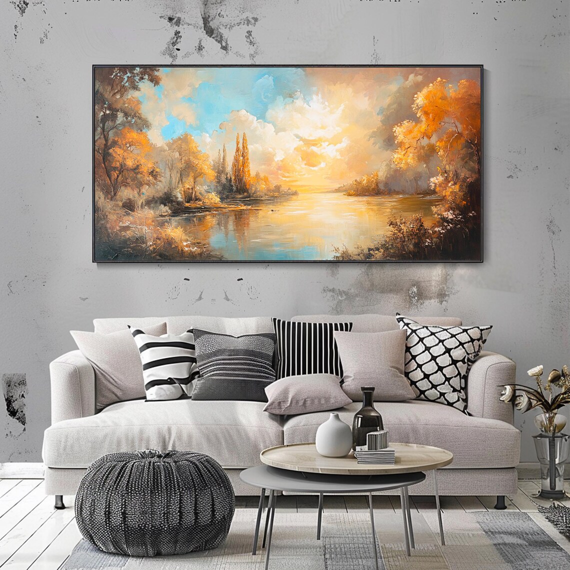 Golden Autumn River Sunset Glowing Orange Trees Landscape Wall Art - Image 3