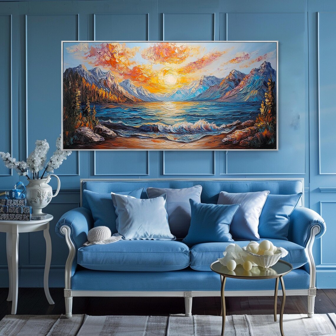 Golden Sunrise Mountain Lake Waves Snowy Peaks Impasto Art Poster - Image 2