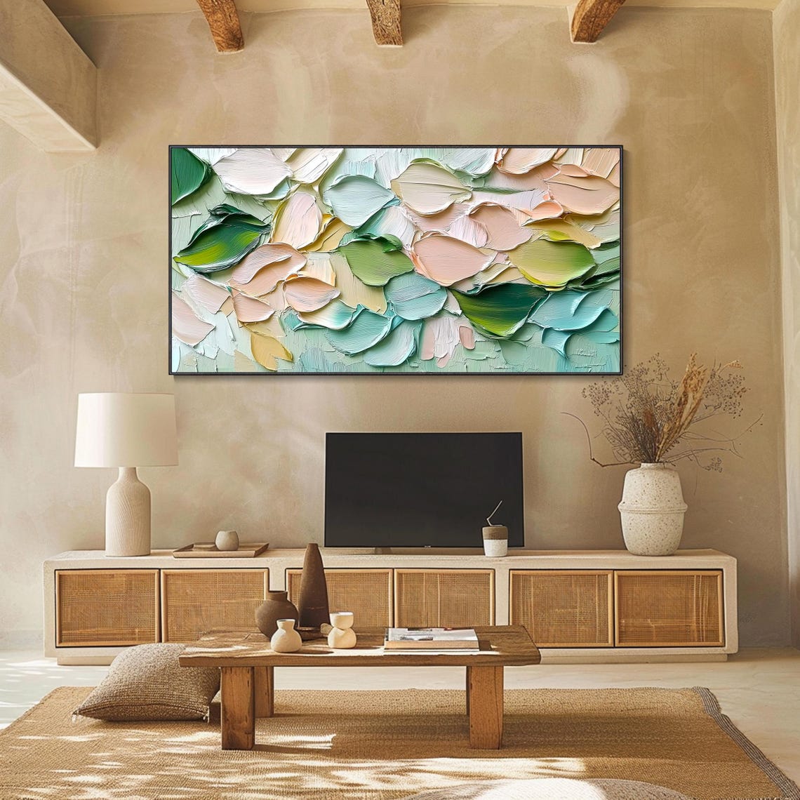 Soft Pastel Abstract Petals Peach Mint Sage Palette Knife Wall Art - Image 2