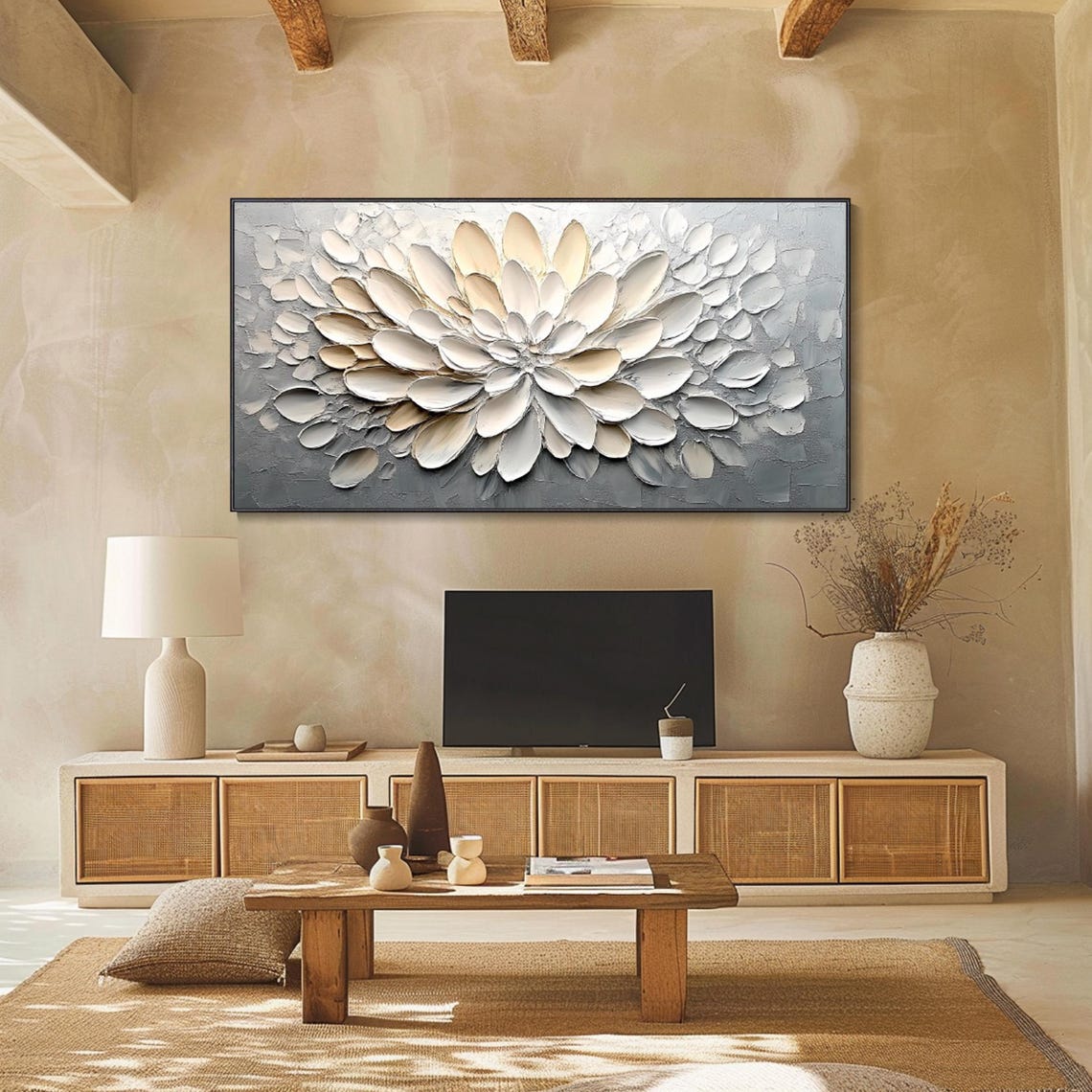 White Blooming Flower 3D Textured Minimalist Neutral Decor Poster - Image 2