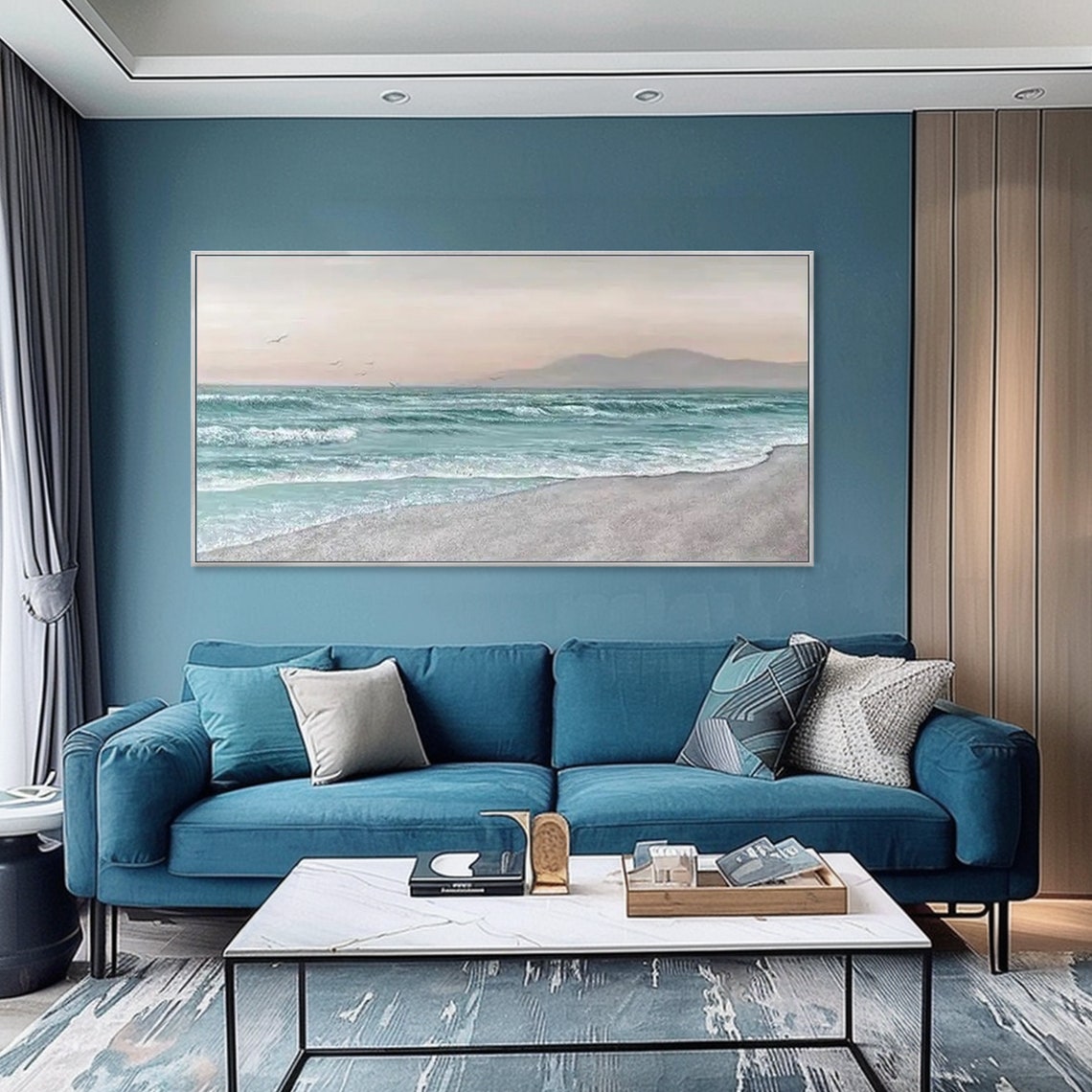 Calm Blue Beach With Gentle Waves Soft Pastel Seascape Art Poster - Image 3