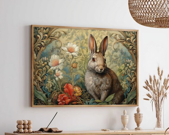 Rabbit Sitting Among Blooming Flowers in Art Nouveau Botanical Frame Poster