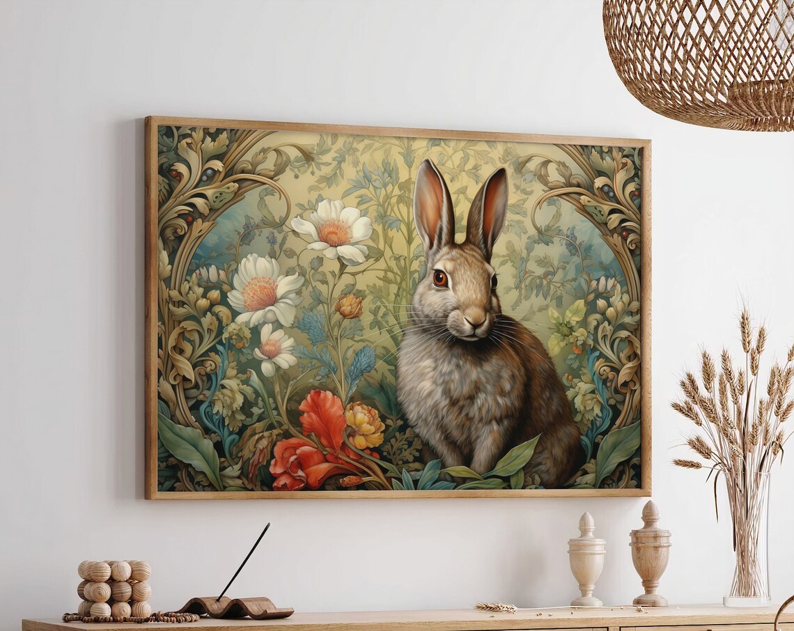 Rabbit Sitting Among Blooming Flowers in Art Nouveau Botanical Frame Poster