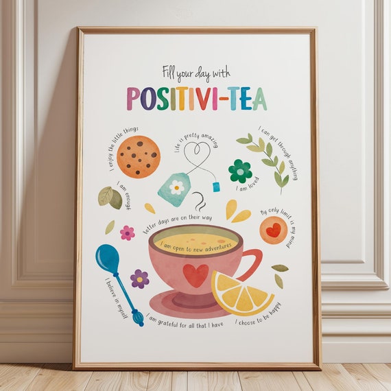 Positivi Tea Poster Daily Affirmations Therapy Office Wall Decor School Counselor Calming Corner Cbt