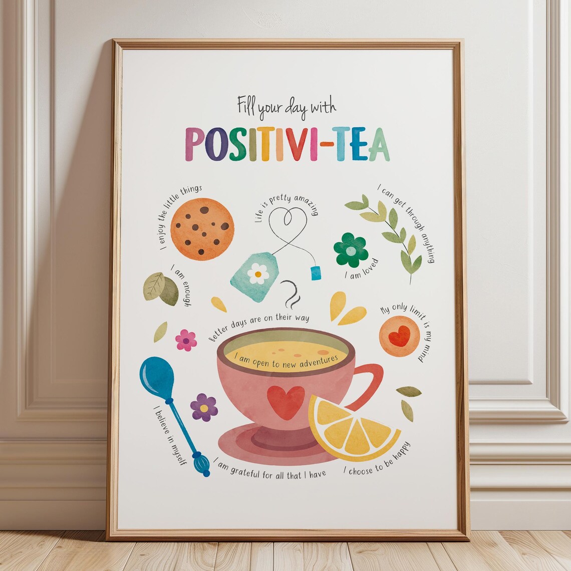 Positivi Tea Affirmation Poster Tea Cup Cozy Positivity Kitchen Art
