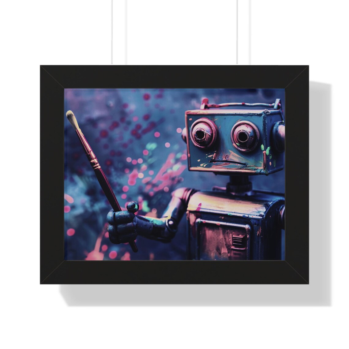 Retro Robot Artist Holding Paintbrush Neon Splash Art Poster