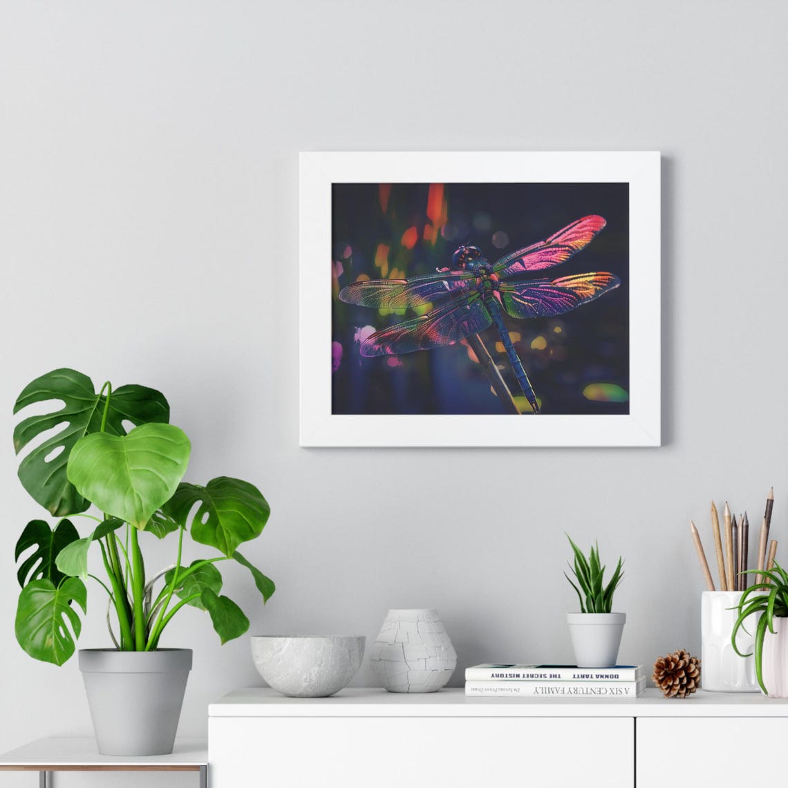 Glowing Iridescent Rainbow Dragonfly on Dark Background Poster - Image 4