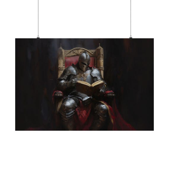 Maximalist Eclectic Knight Reading Victorian Poster Print Bold Altered Vintage Portrait Fantasy Fun Colorful Renaissance Rustic Art