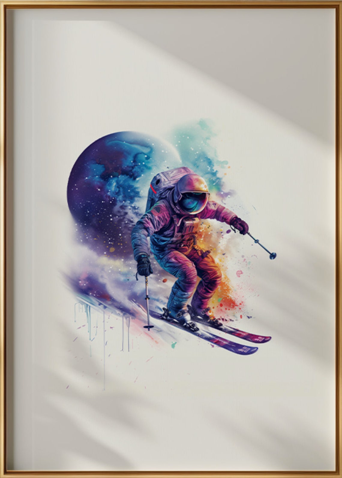 Astronaut Skiing Past A Planet In Watercolor Space Style Poster - Image 3