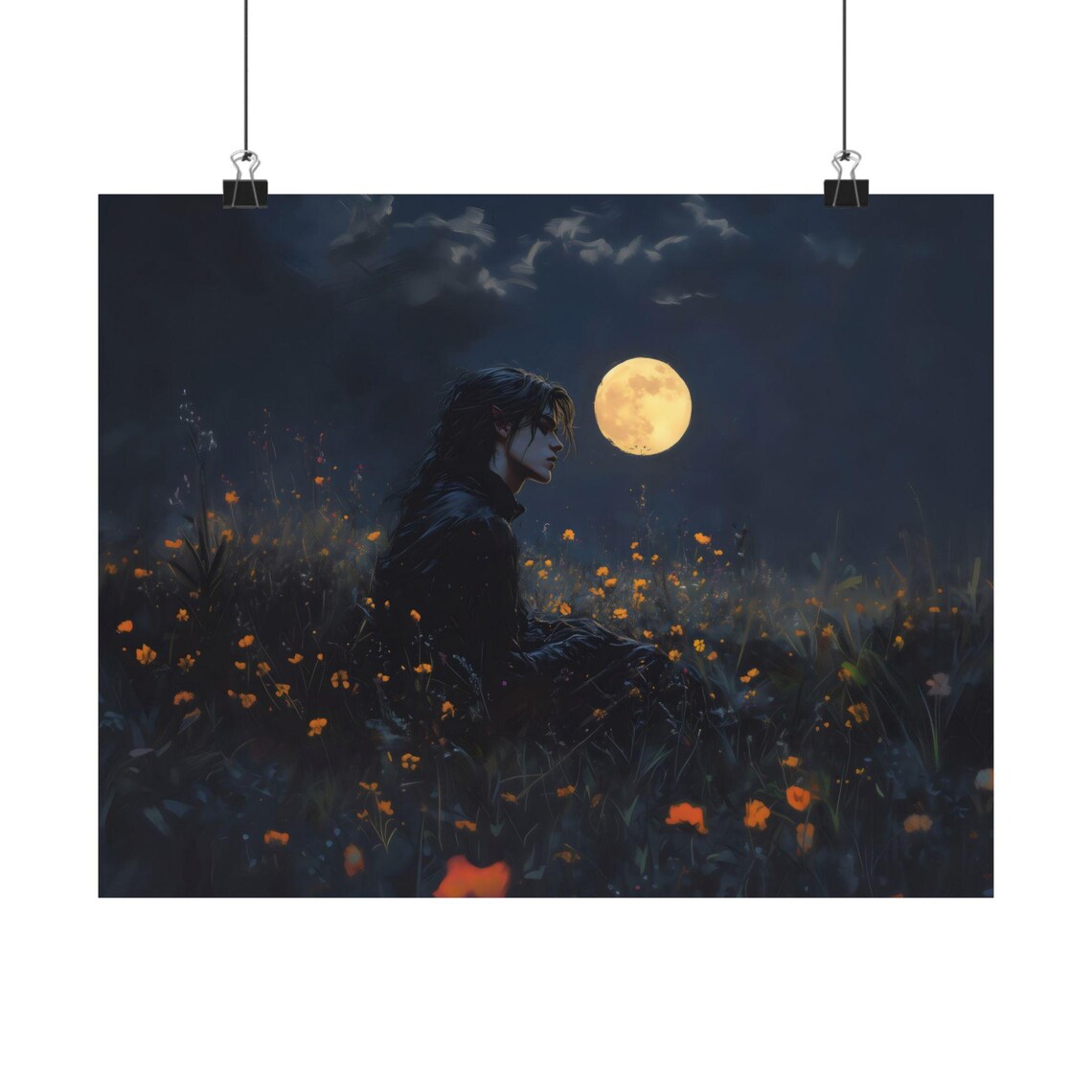Lonely Gothic Figure in Moonlit Wildflowers Night Scene Fantasy Art Poster