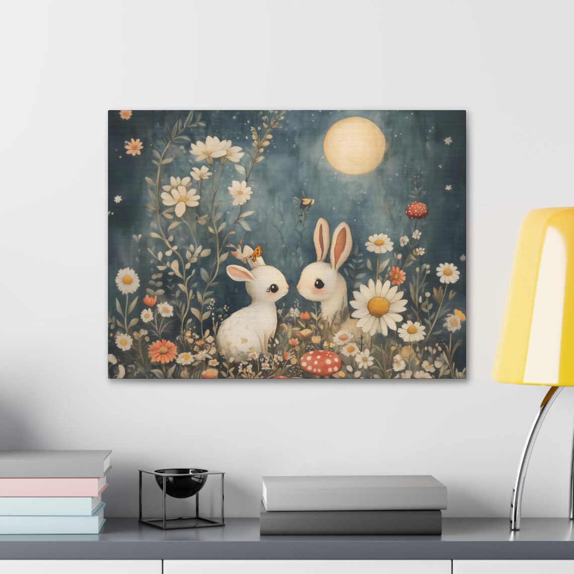Bunnies Moonlight Garden Wildflower Mushroom Whimsy Kids Poster - Image 2