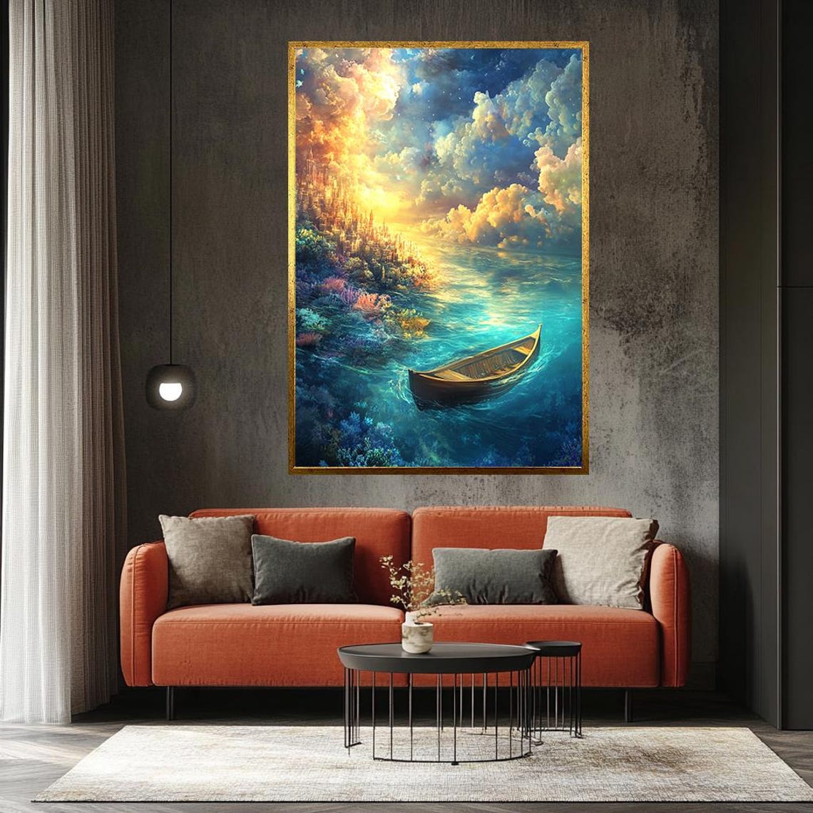 Small Rowboat On Turquoise Water Under Golden Sunset Clouds Poster - Image 2