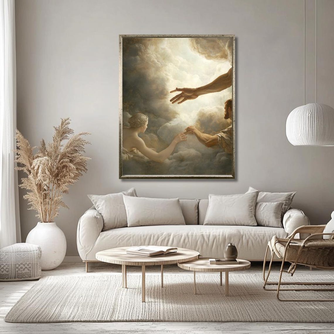 Divine Hand Reaching Through Clouds Classical Religious Oil Art Poster - Image 2