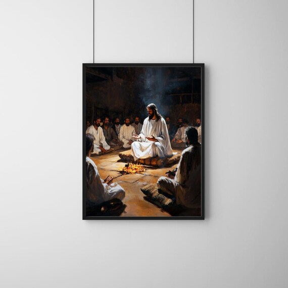 Jesus Teaching Disciples Around Firelight Biblical Scene Art Poster