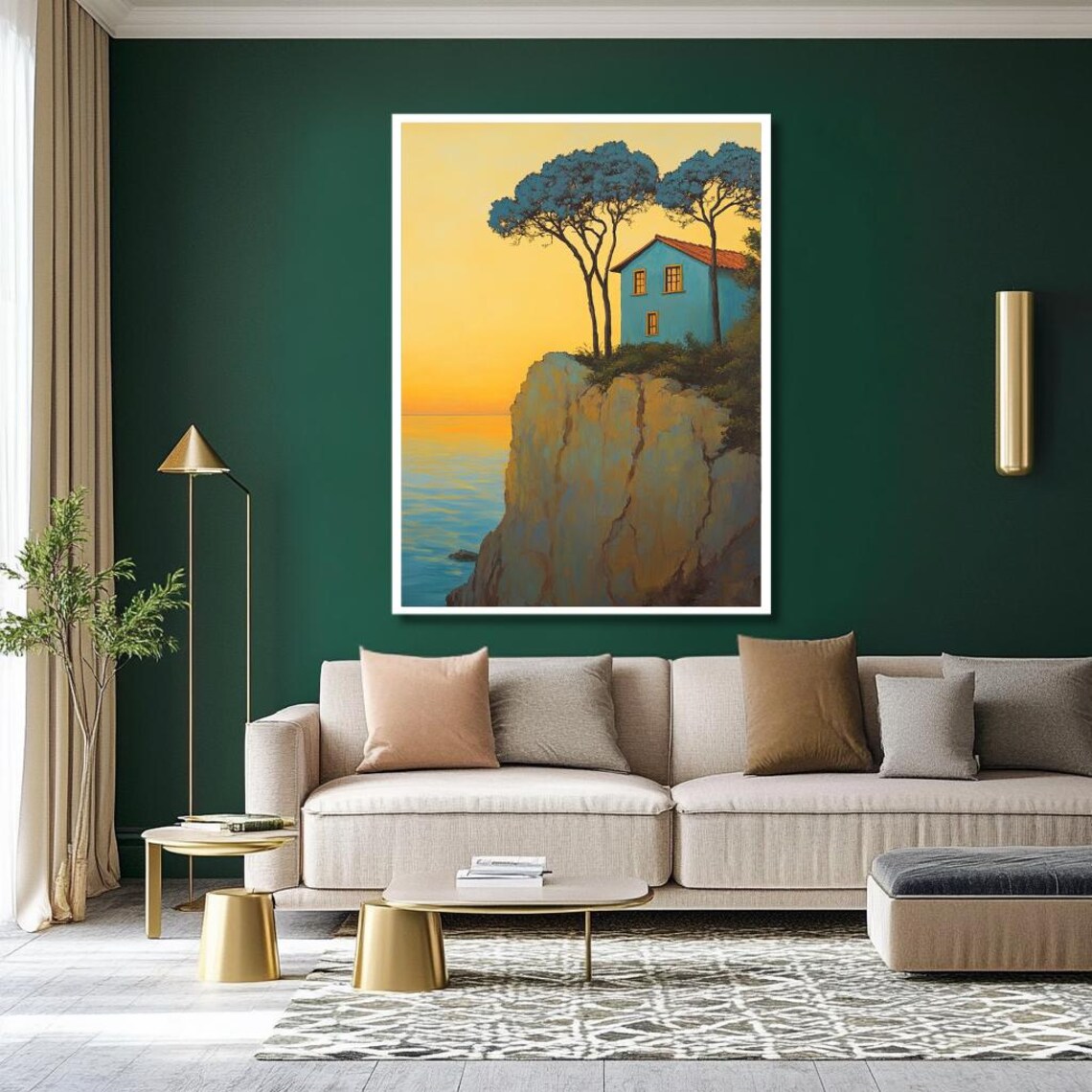 Blue Cliffside House Overlooking The Sea At Golden Sunset Poster - Image 2