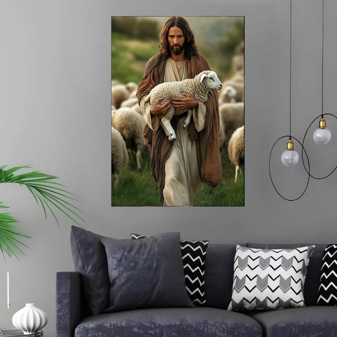 Jesus The Good Shepherd Carrying A Lamb In Green Pastures Poster - Image 3