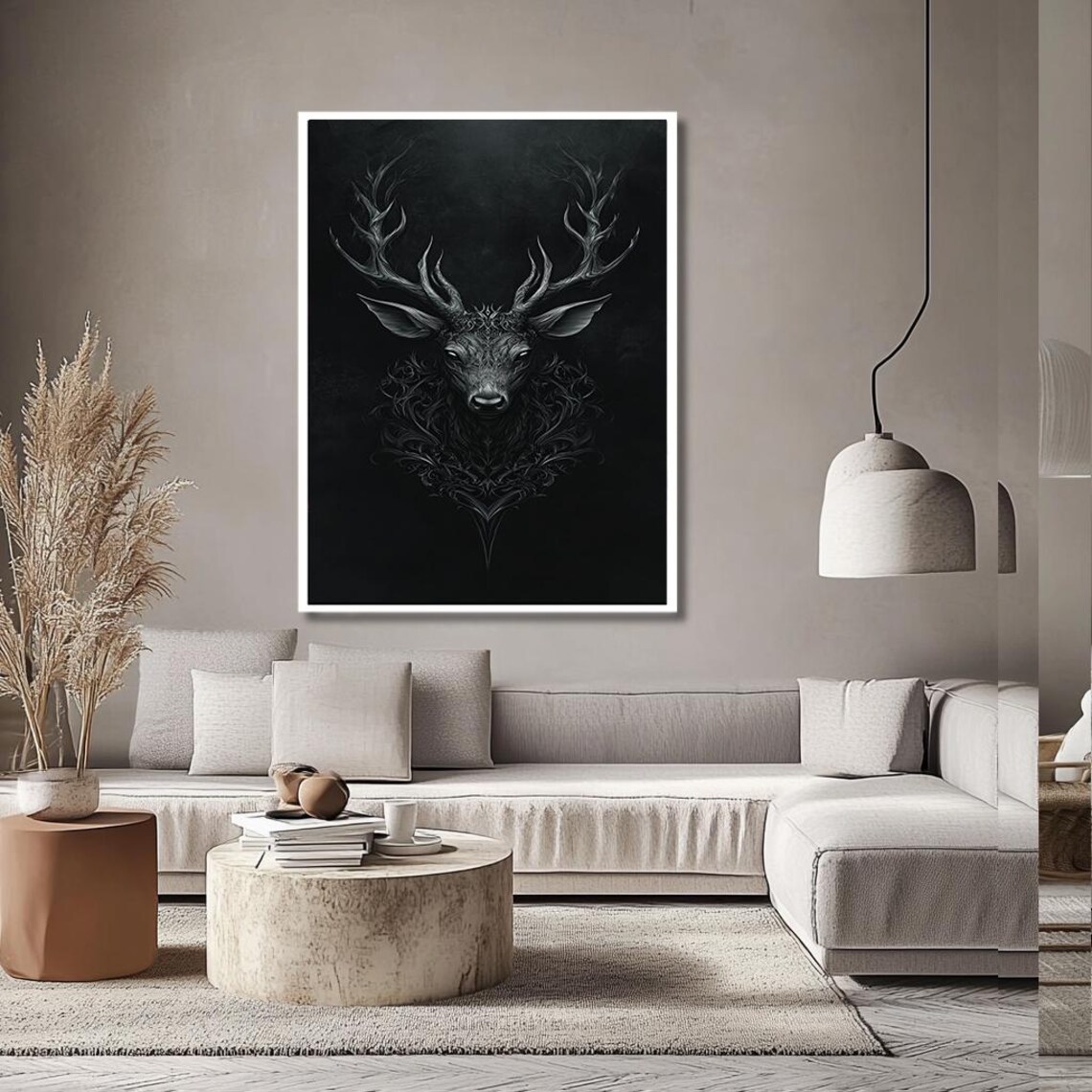 Black And Grey Stag Head With Ornate Flowing Antler Line Art Poster - Image 3