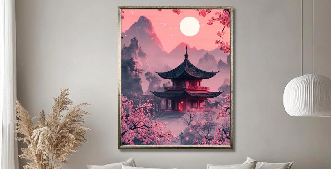 Japanese Pagoda Temple With Cherry Blossoms At Pink Sunset Poster