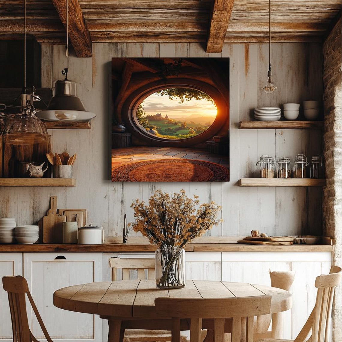 Enchanting Hobbit Hole Window Art Fantasy Landscape With Cozy Interior And Sunset View Whimsical Wall Decor For Nature Lovers - Image 3