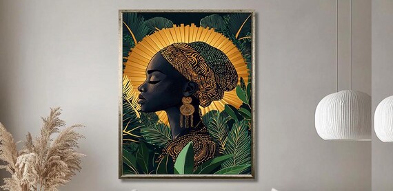 Golden African Woman Wall Art Modern Tribal Portrait Painting Unique Wall Decor For Living Room